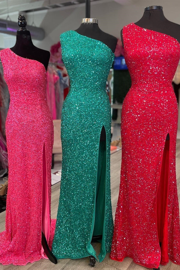 One Shoulder Sequin Mermaid Long Formal Dress with Lace Up Back