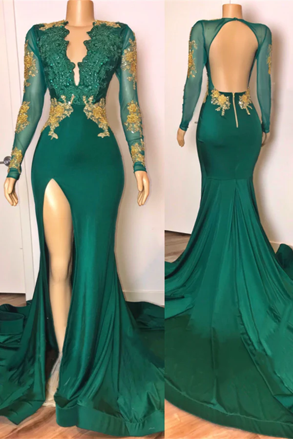 Open Back Sexy Side Slit Green Prom Dresses Long Sleeves On Sale,SSR1146