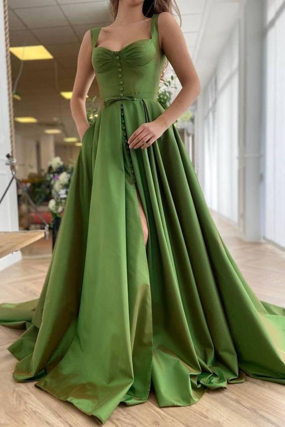 SSR0116,Straps Long A-line Green Satin Prom Dresses,Front Slit Prom Dresses,Elegant Prom Dresses,Cheap Prom Dresses