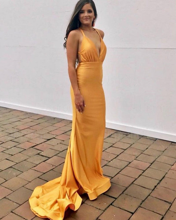 SSR0681,Yellow halter satin long prom dress mermaid evening dresses
