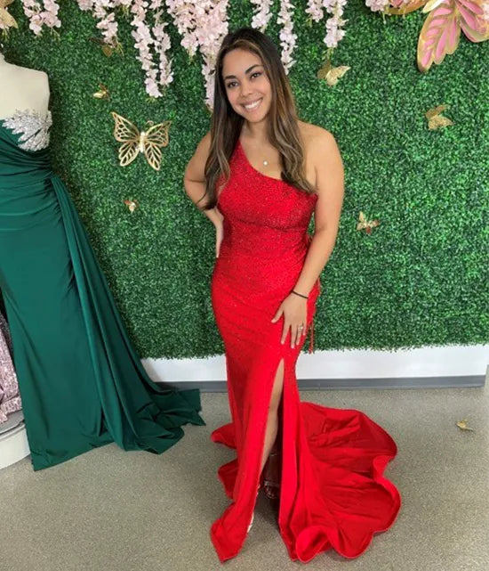 SSR1078,Red one shoulder beaded mermaid long prom dresses with side slit