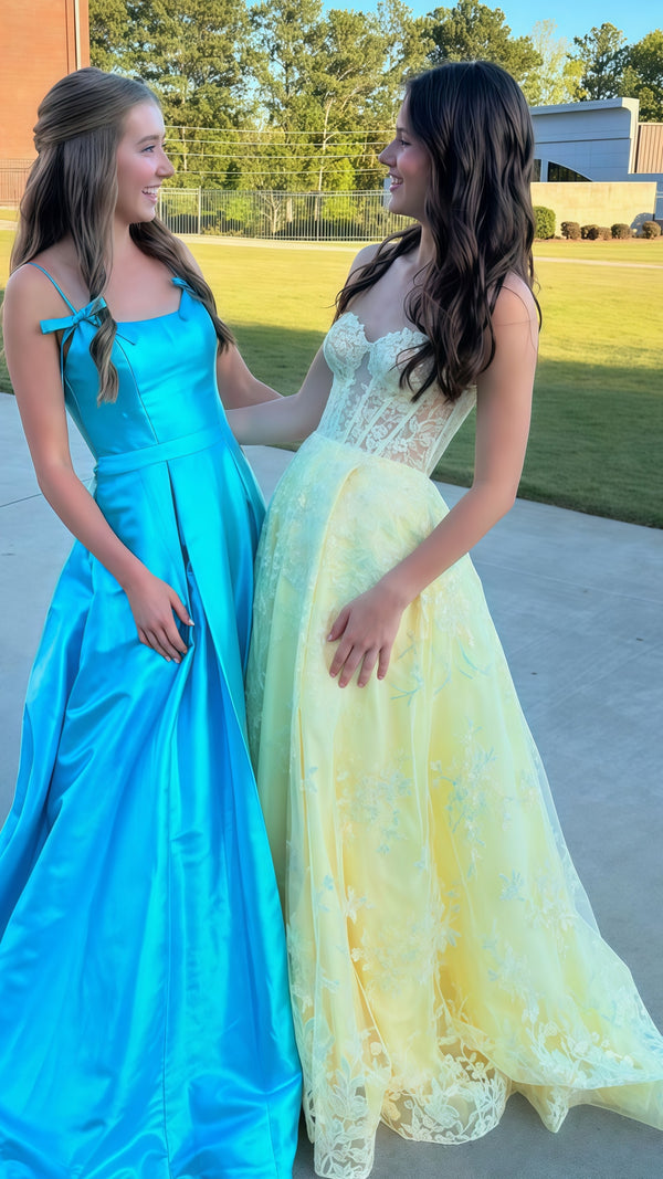 Pastel Yellow Lace A-Line Evening Party Dresses,SSR1067