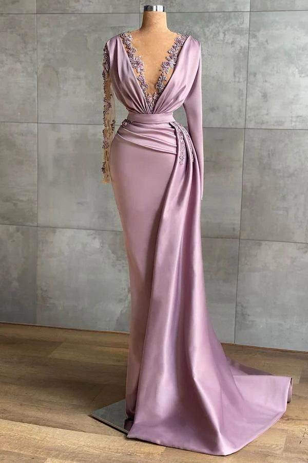 Pink Evening Dresses with Sleeves Long Lace Prom Dresses,SSR1122
