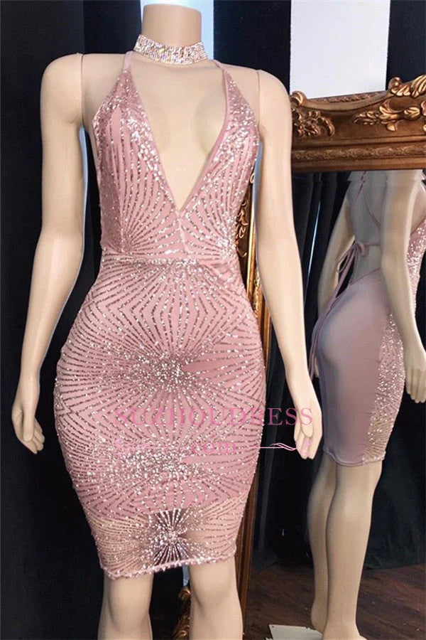 Pink Spaghetti-Straps Sequins Short Sheath Shiny Cocktail Dresses，SSR1183