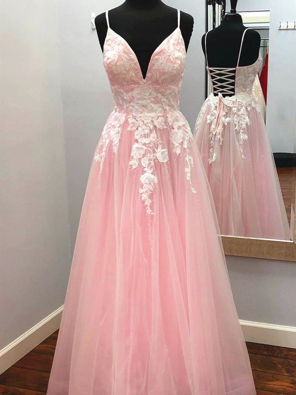 SSR0055,Pink Blue V Neck Backless Lace Prom Dresses,Open Back Lace Formal Evening Dresses