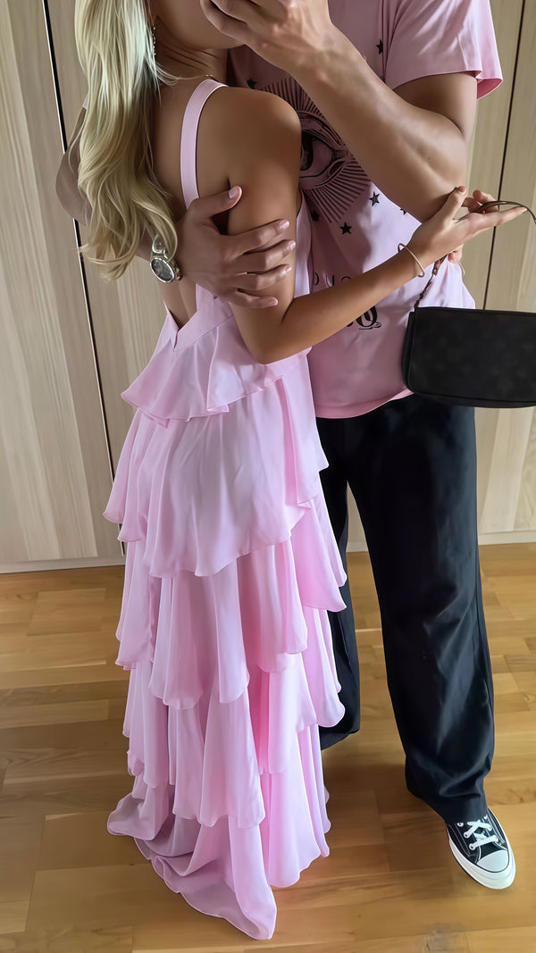 Pink Chiffon Ruffle Prom Dress, Backless Evening Party Dress,SSR1071