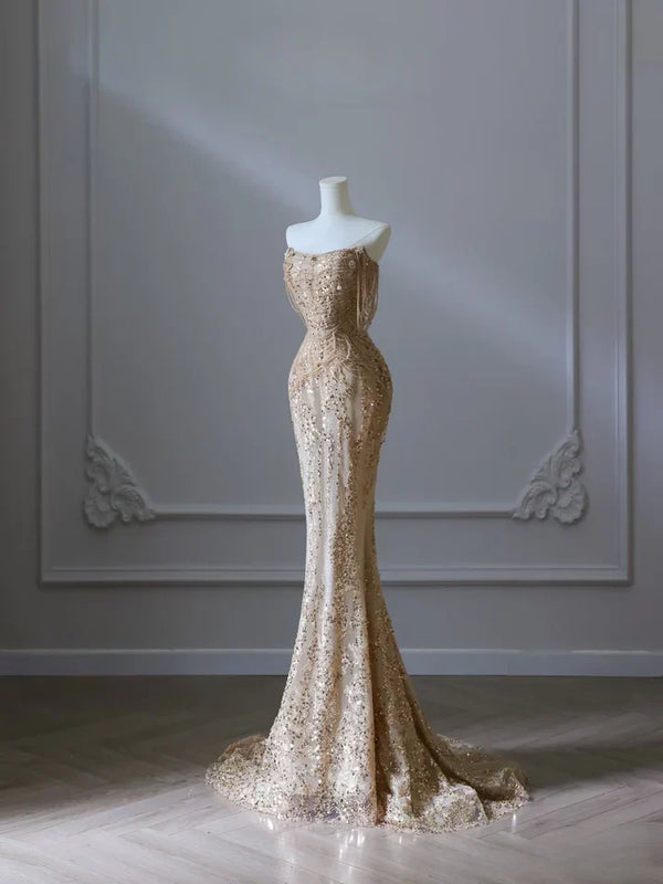 Pretty Mermaid Strapless Gold Sequin Beads Long Prom Dresses Formal Evening Dress, SSR3635