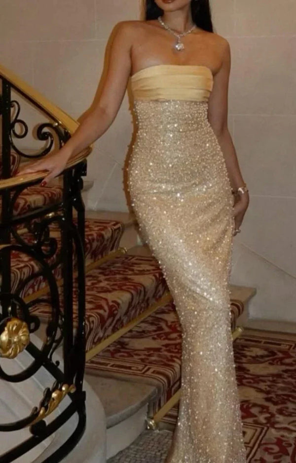 Pretty Mermaid Strapless Long Yellow Sequin Satin Party Dresses Prom Dresses, SSR3636