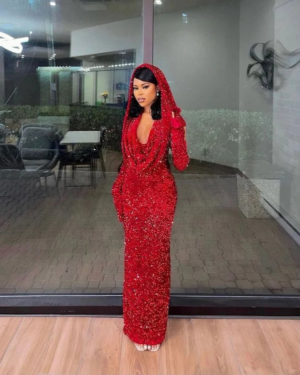 Pretty Red Sheath V Neck Formal Evening Dress Sequin Long Prom Dresses,SSR1101