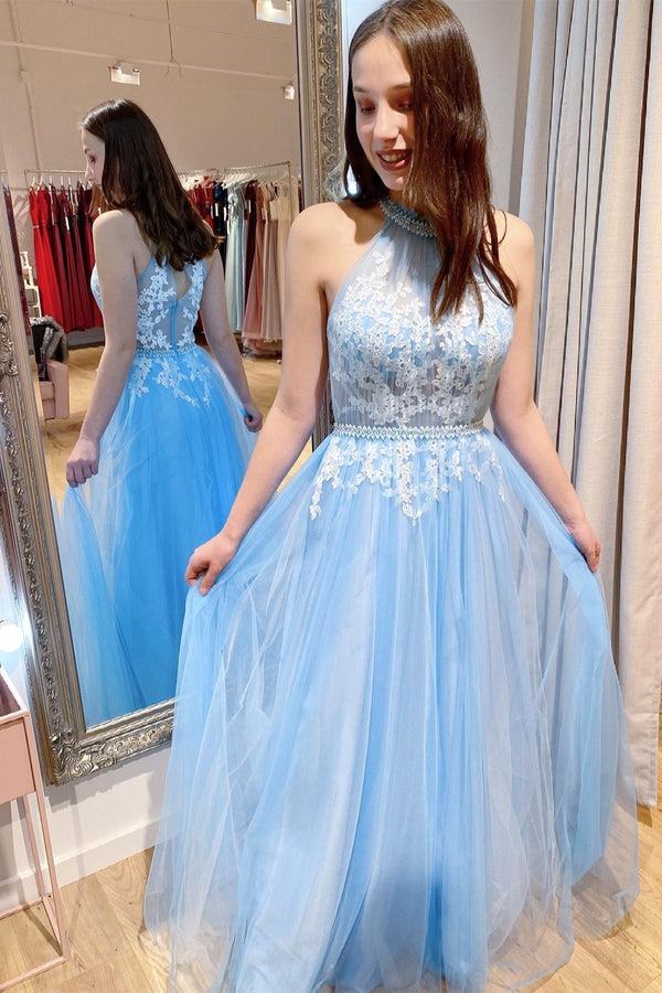 Princess High Neck Blue and White Lace Long Prom Dress