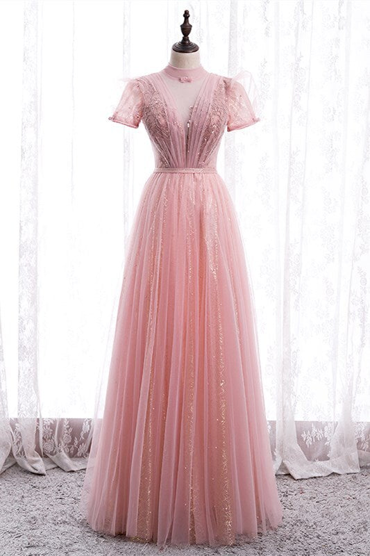 Princess High Neck Pink Long Party Dress