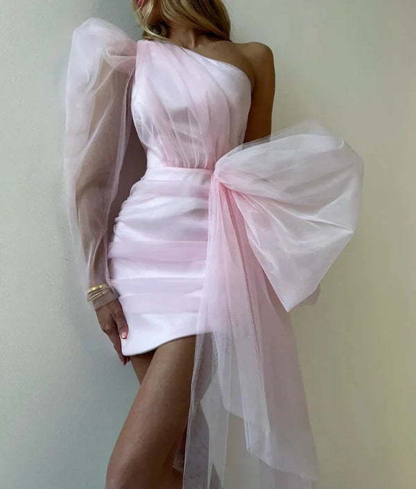 Pink One Shoulder Satin Tulle Short Party Dress Homecoming Dress Charming