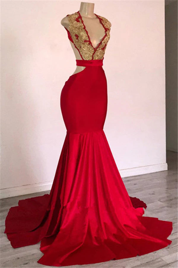 Red Mermaid V-Neck Prom Dresses | Gold Appliques Open-Back Sexy Evening Dresses，SSR1187