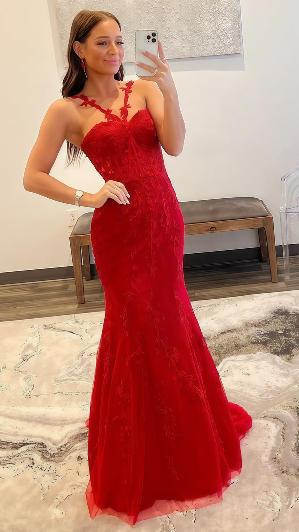 Red Halter Applique Mermaid Party Evening Dresses,SSR1061