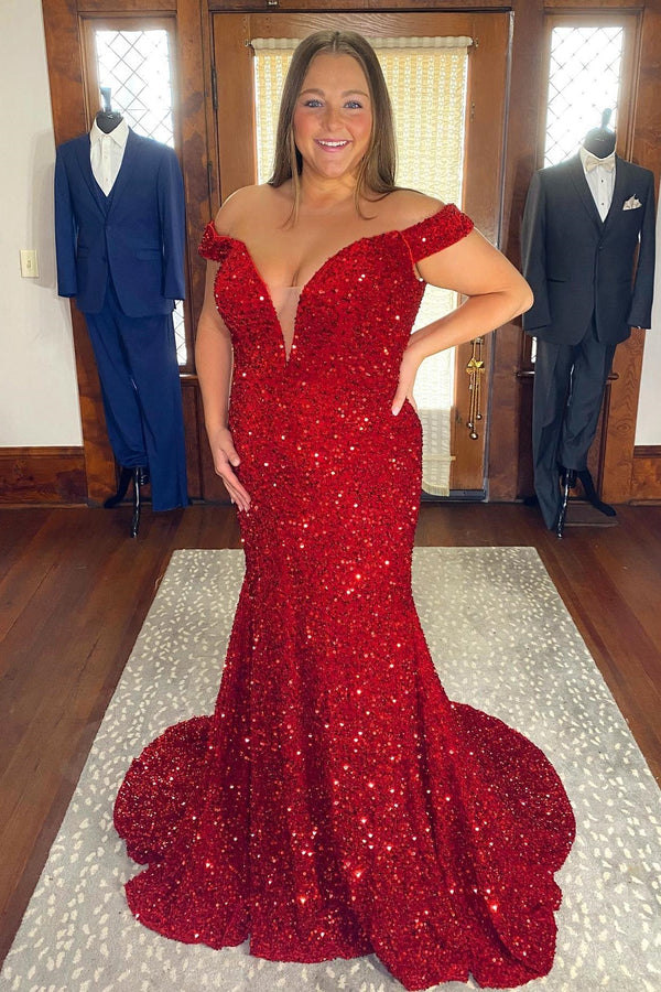 Red Sequin Mermaid Off the Shoulder Long Formal Dress