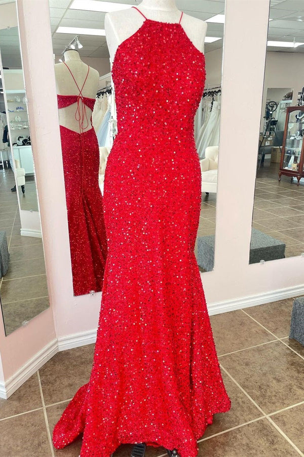Red Sequins Mermaid Halter Long Prom Dress