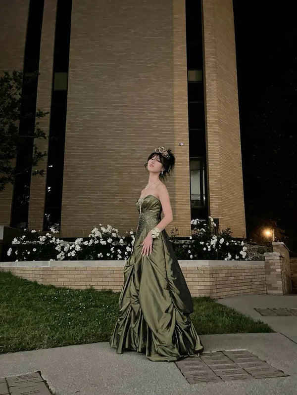 Retro Ball Gown Strapless Green Ruffles Satin Long Party Dress Prom Dresses, SSR3650