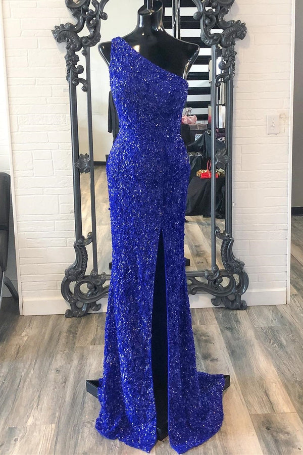 Royal Blue Sequin One Shoulder Mermaid Long Formal Dress