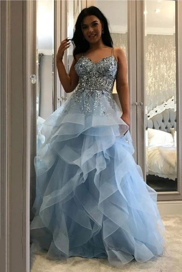 SSR1054,Charming blue prom dresses,beaded tulle prom evening dress