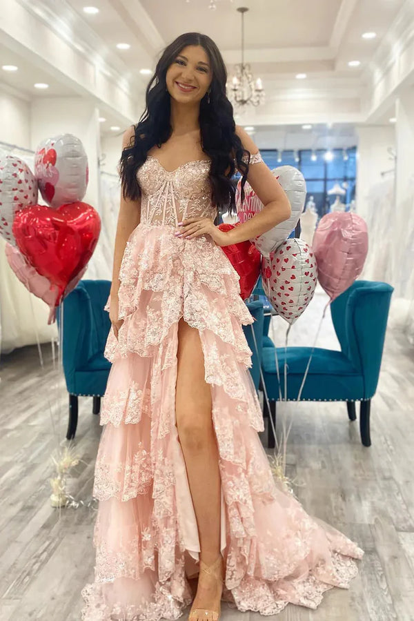 Pretty A-Line Off The Shoulder Pink Lace Slit Long Prom Dresses Formal Evening Dress,SSR1151