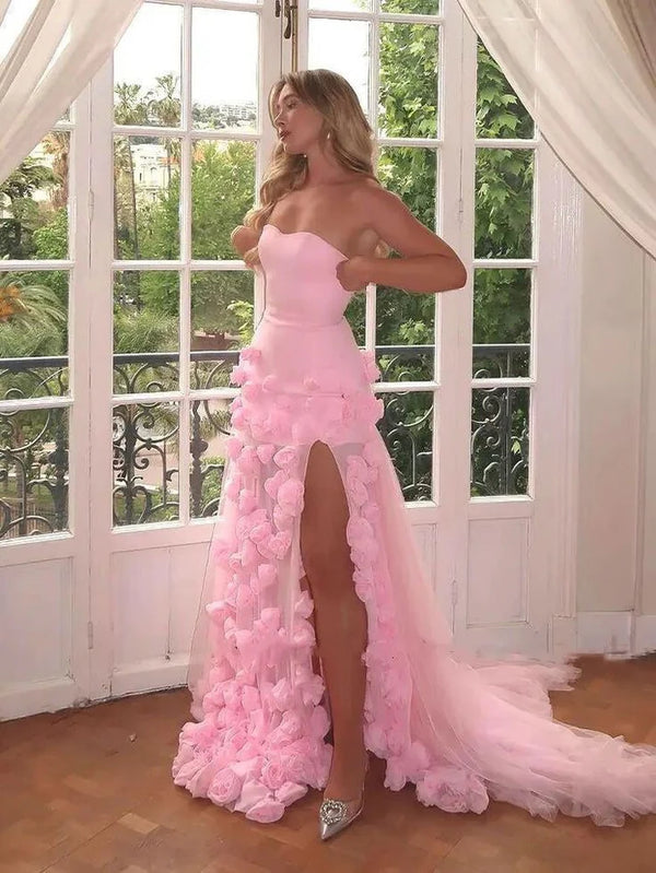 Pretty Sheath Sweetheart Pink Long Slit Prom Dresses Formal Evening Dress，SSR1191