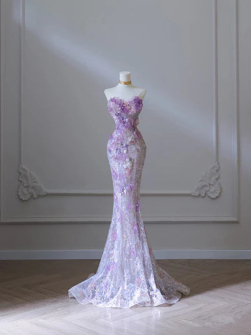 Modest Mermaid Sweetheart Lilac Tulle Sequin Flowers Evening Dress Long Prom Dresses,SSR1168