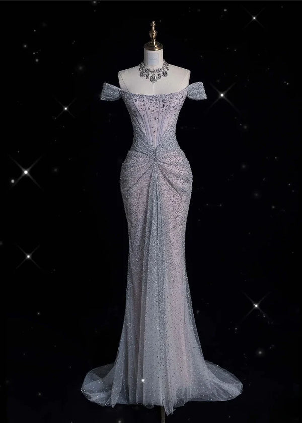 Modest Mermaid Off The Shoulder Sequin Long Prom Dresses Formal Graduation Party Dress Evening Dress,SSR1145