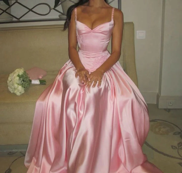 Elegant A Line Spaghetti Straps Floor-length Satin Long Pink Evening Dress Prom Dresses,SSR1139