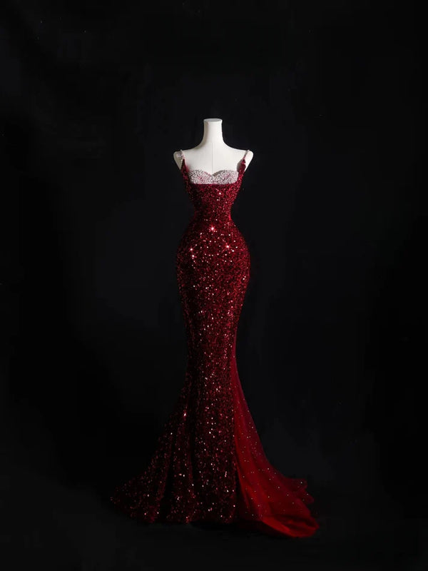 Pretty Mermaid Spaghetti Straps Sequin Beads Burgundy Long Prom Dresses Formal Evening，SSR1204