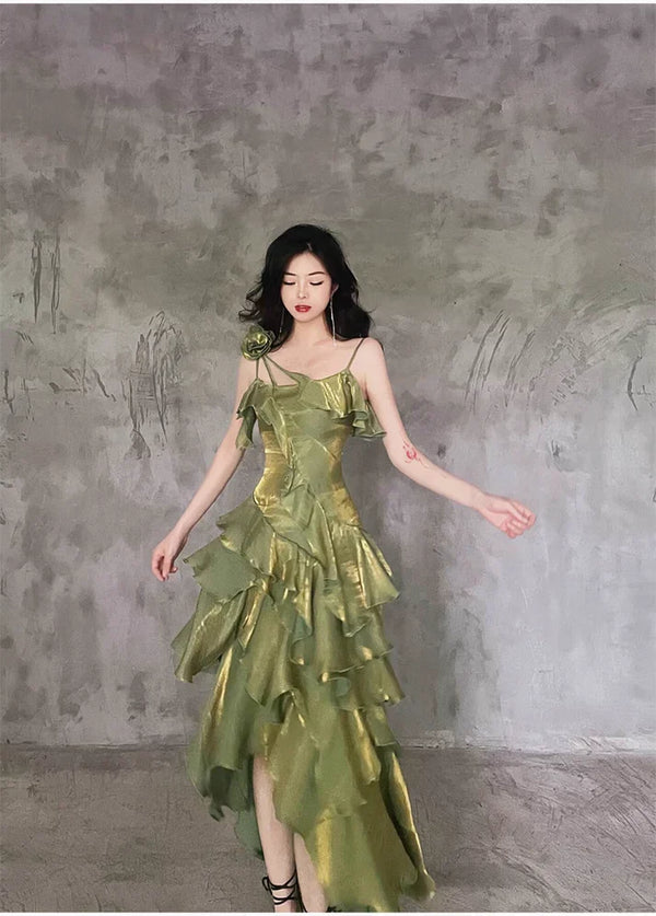 Pretty Irregular Ruffled Spaghetti Straps Green Prom Dresses With Detachable Rose Long Birthday Dress For Women, SSR3573