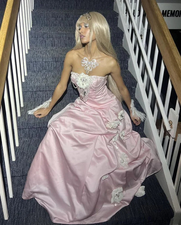 Pretty Ball Gown Strapless Pink Long Satin Prom Dresses Formal Evening Dress，SSR1201