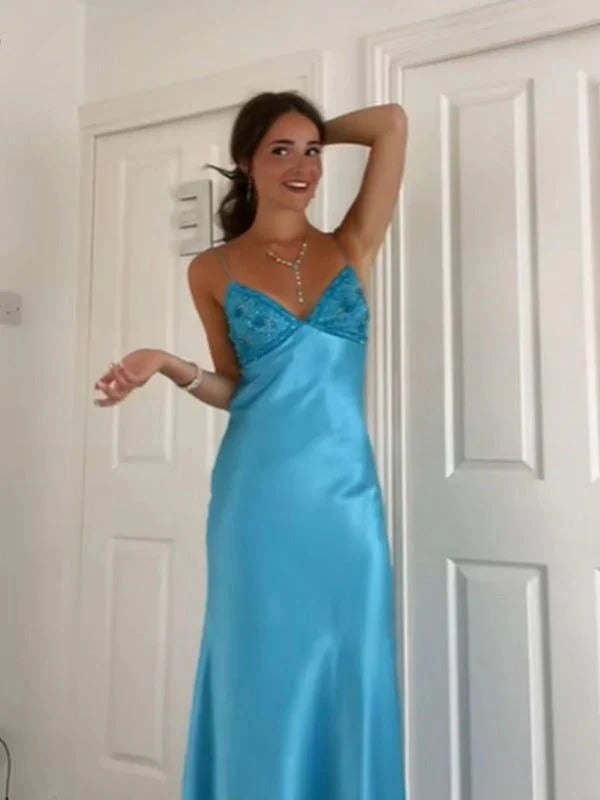 Classy Spaghetti Strap Sleeveless Mermaid Satin Long Backless Prom Dresses,SSR1143