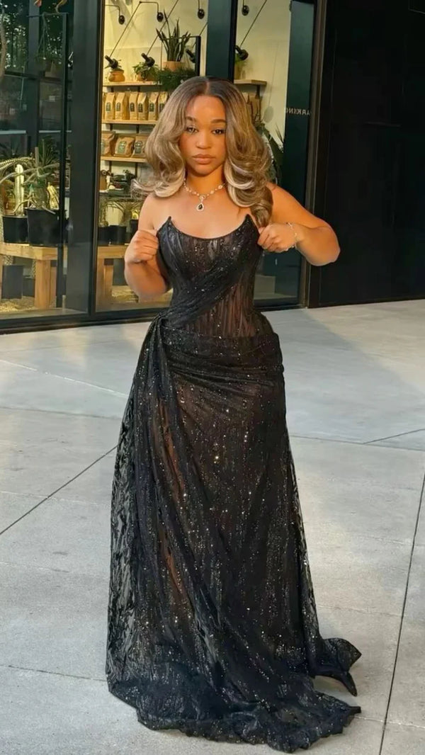 Sexy Mermaid Spaghetti Straps Sequin Slit Black Long Prom Dresses Party Dress,SSR1131