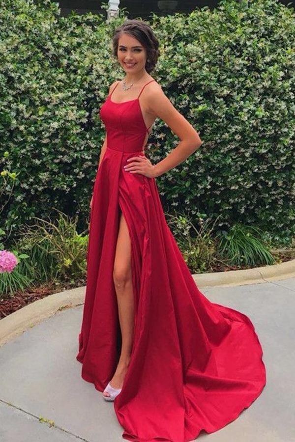 SSR0291,Red spaghetti straps long prom dress satin cross back evening gowns