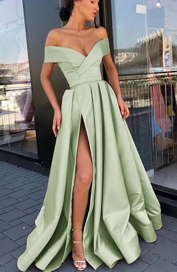 SSR1604,Mint Green Satin Off The Shoulder Long Prom Formal Dresses