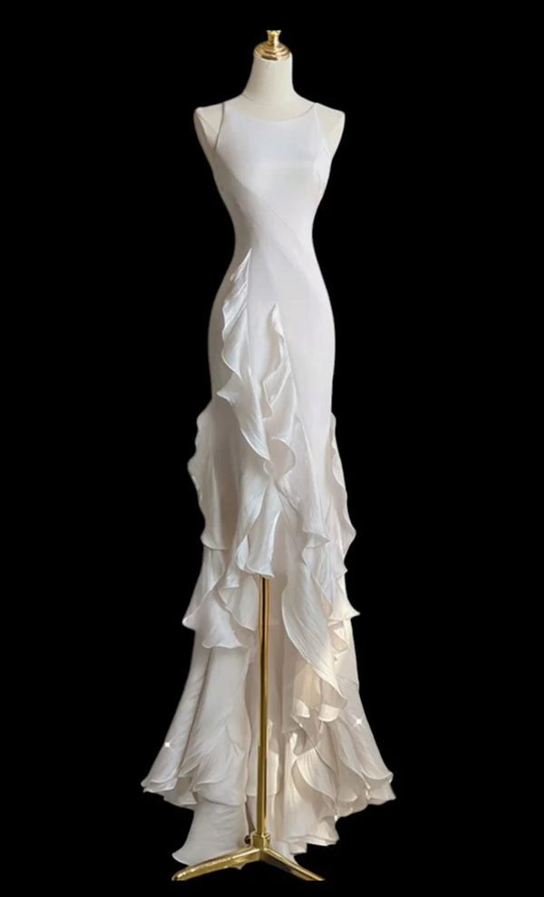 Scoop Satin Night White Long Party Dress Prom Dresses,SSR1100
