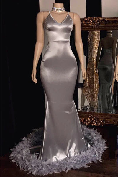 Sexy Spaghetti Straps Mermaid Prom Dresses | Open Back Simple Evening Dress with Fur，SSR1190