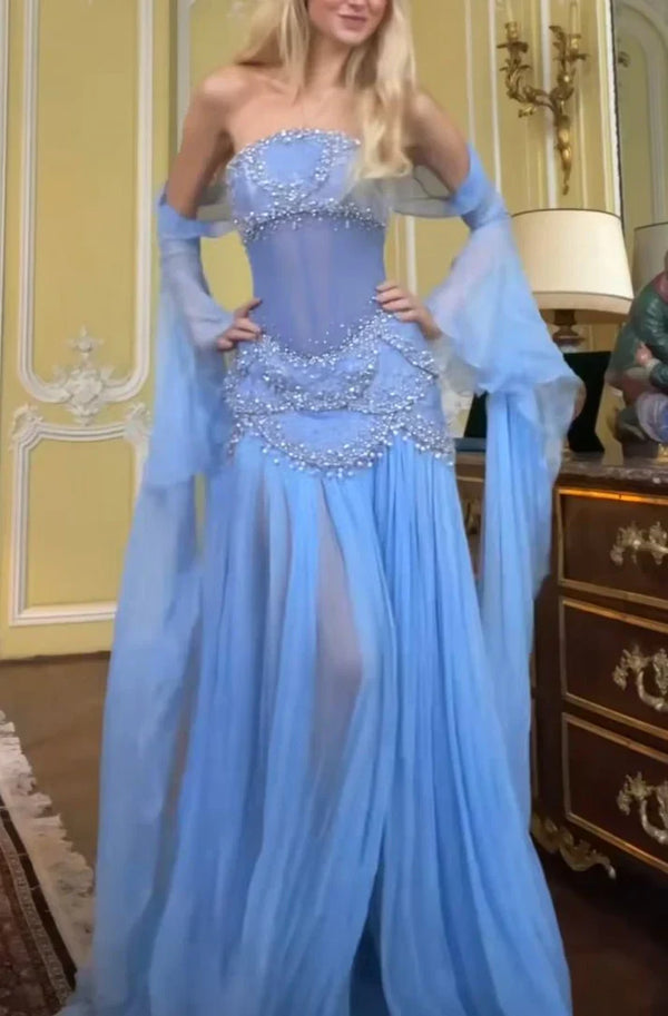 Sexy A Line Off The Shoulder Maxi Long Party Light Blue Chiffon Prom Dresses Evening Dress, SSR3646