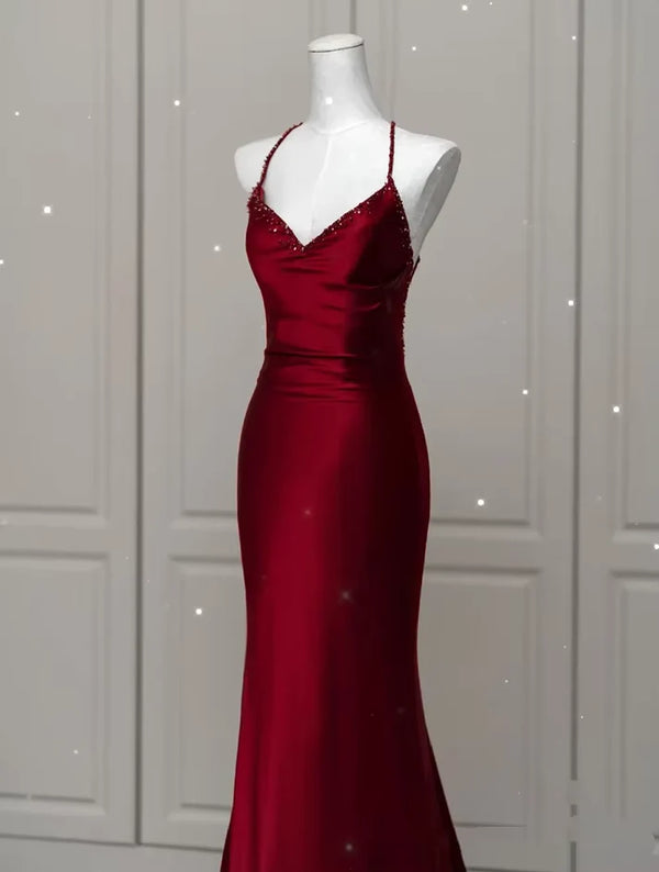 Sexy Burgundy Mermaid Party Dress, Spaghetti Straps Floor Length Satin Backless Prom Dresses,SSR1099