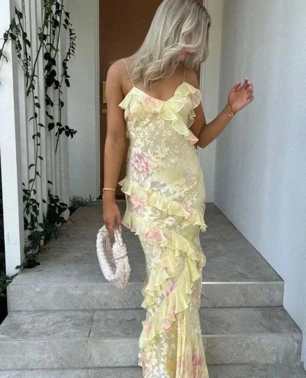 Sexy Mermaid Spaghetti Straps Floor Length Floral Yellow Chiffon Evening Dress Prom Dresses, SSR3642