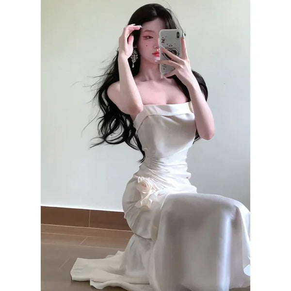 Sexy Mermaid Spaghetti Straps White Long Prom Dresses Night Dress Birthday Outfits , SSR3587