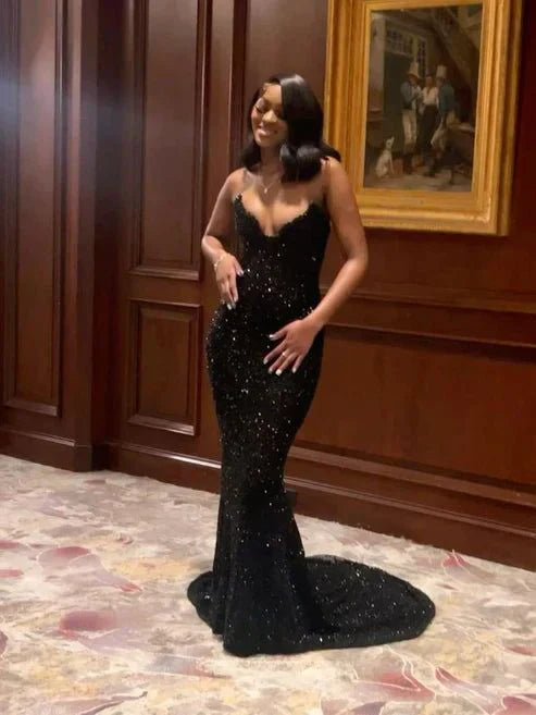 Sexy Mermaid Sweetheart Sequin Slit Black Long Prom Dresses Party Dress, SSR3648