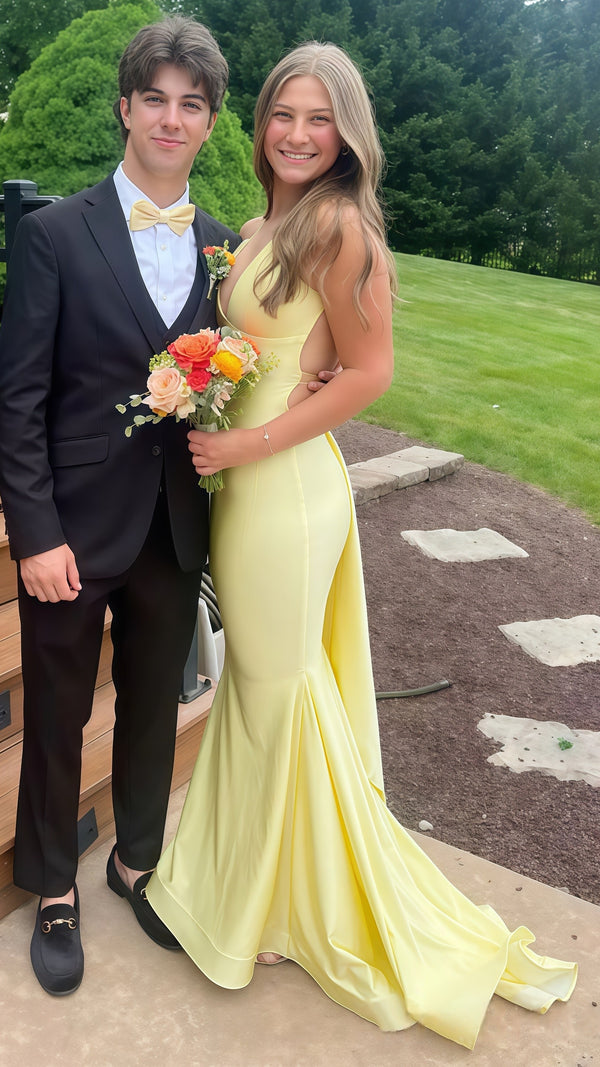 Sexy V-neck Pastel Yellow Open Back Celebrity Prom Dress,SSR1051