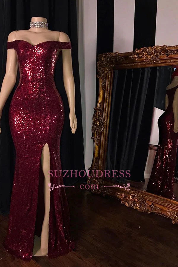 Shining Side-Split Red Sheath Sequin-Lace Evening Dresses,SSR1162