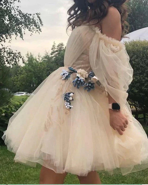 SSR1282,Off the shoulder tulle homecoming dresses,floral a-line princess dress