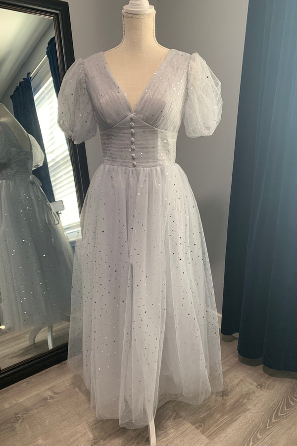 Short Puffy Sleeves Grey Sparkle Tea Length Dress