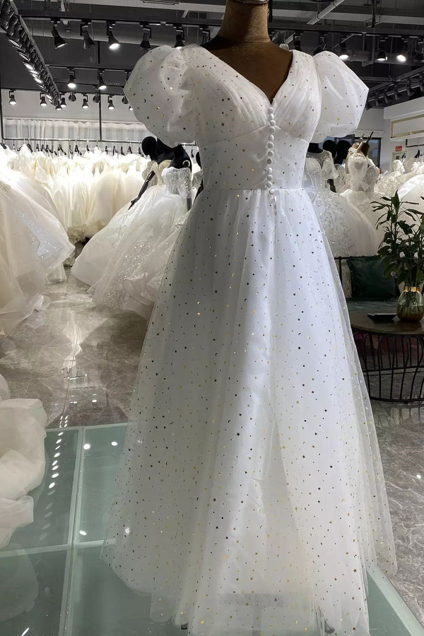 Short Puffy Sleeves White Stars Tea Length Dress
