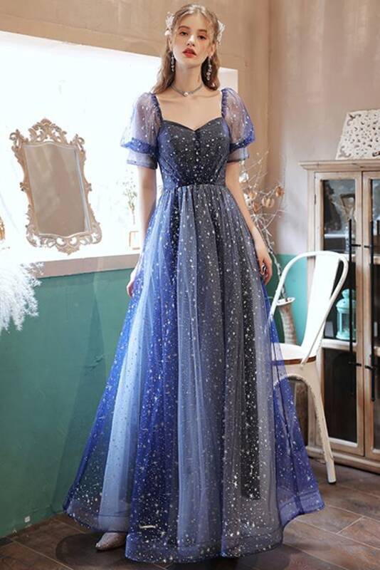Short Sleeves Navy Blue Long Prom Dress