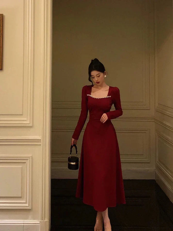 Simple A line Square Neckline Long Sleeves Red Prom Dresses Birthday, SSR3575