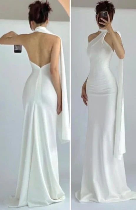 Simple Mermaid High Neckline White Party Dress Long Prom Dresses, SSR3643